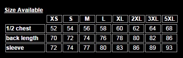 Boostup - Weld Jacket Size Chart